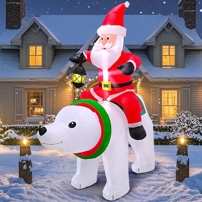 KOOY 6FT Christmas Inflatable Santa Claus with Polar Bear Build-in LED Lights Blow up Xmas Inflatables Decoration for Yard Garden Lawn Holiday Party