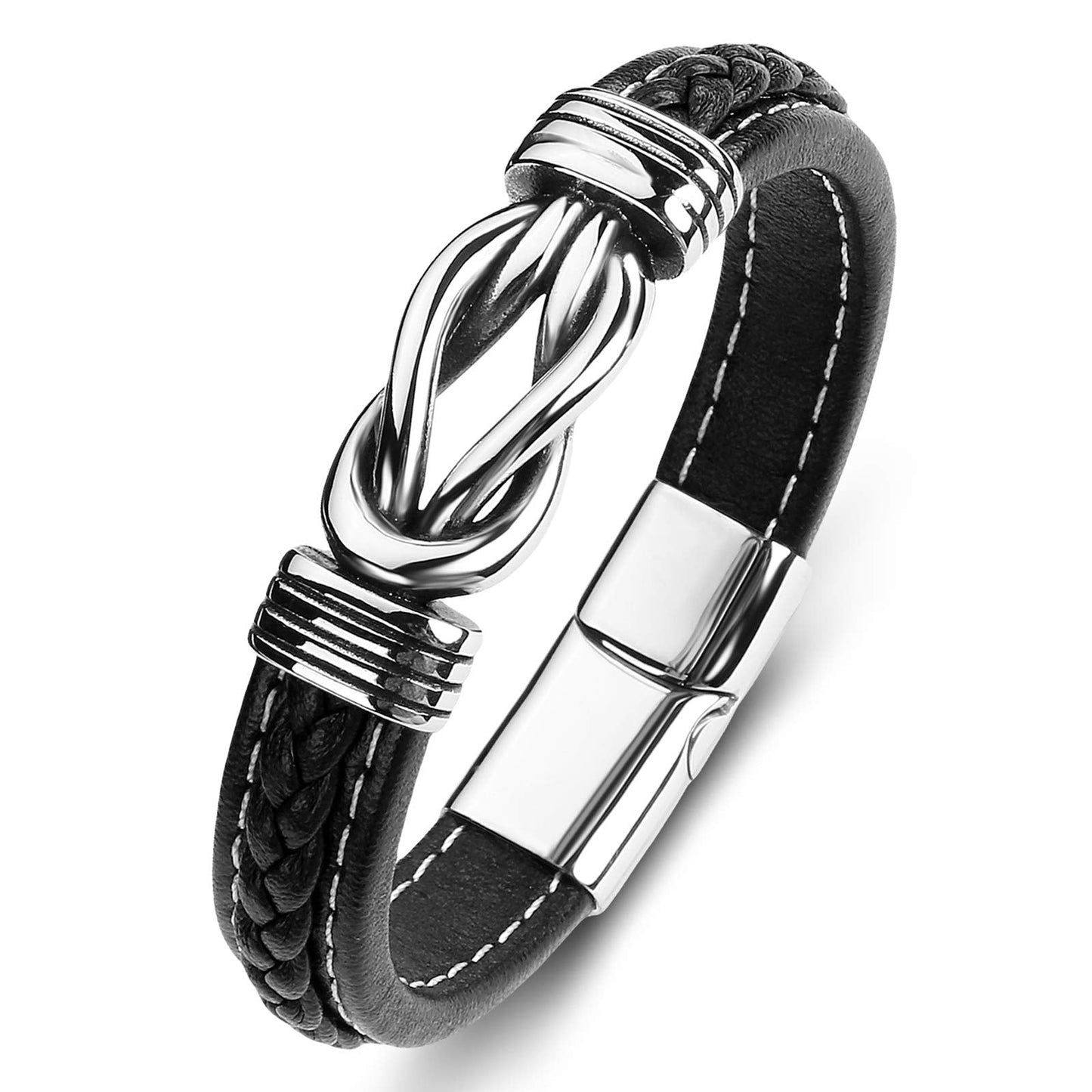 LJWVX Mens Leather Bracelet,Braided Leather Wristband Cuff Bracelets Stainless Steel Clasp,Jewellery Gift for Men Black 8.5inch