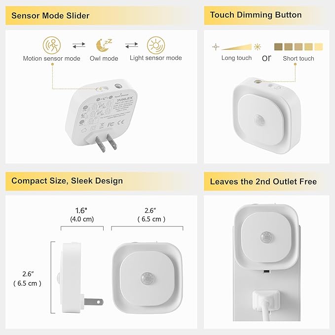 2 Pack Plug in Night Light with Motion Sensor & Dusk to Dawn Sensor, 3 Sensor Modes, Auto ON/Off, Dimmable, Night Lights Plug into Wall for Bathroom, Kitchen, Adults, Indoor, Light Blue