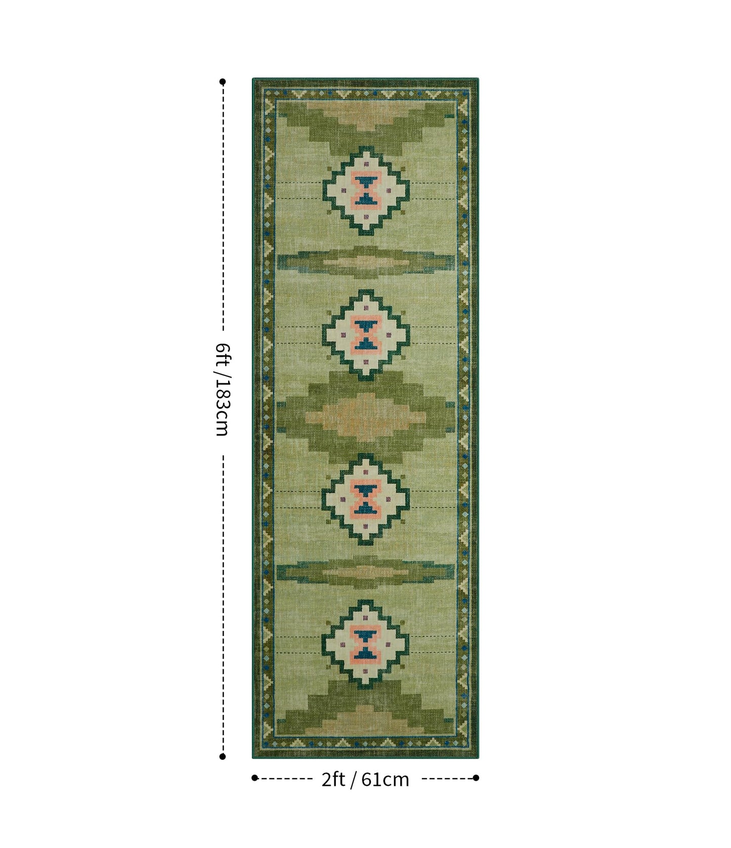 Green Hallway Runner Rug 2x6 Non-Slip, Washable Mid Century Modern Entryway Rug, Low Pile Runner Rug for Kitchen, Bedroom, Laundry Room