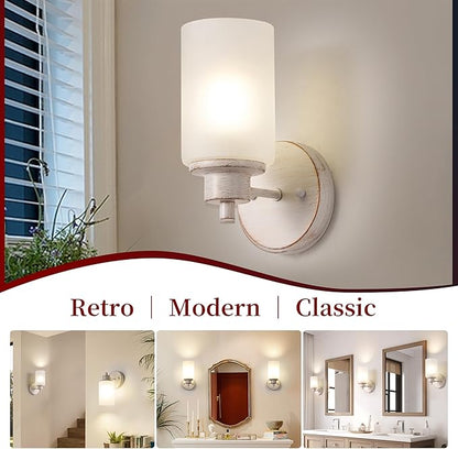 2 Pack Indoor Wall Sconces, Bath Vanity Light Fixtures Wall Mounted Lighting with White Frosted Glass Shade, White and Gold Color Bathroom Wall Lights Bedroom Porch