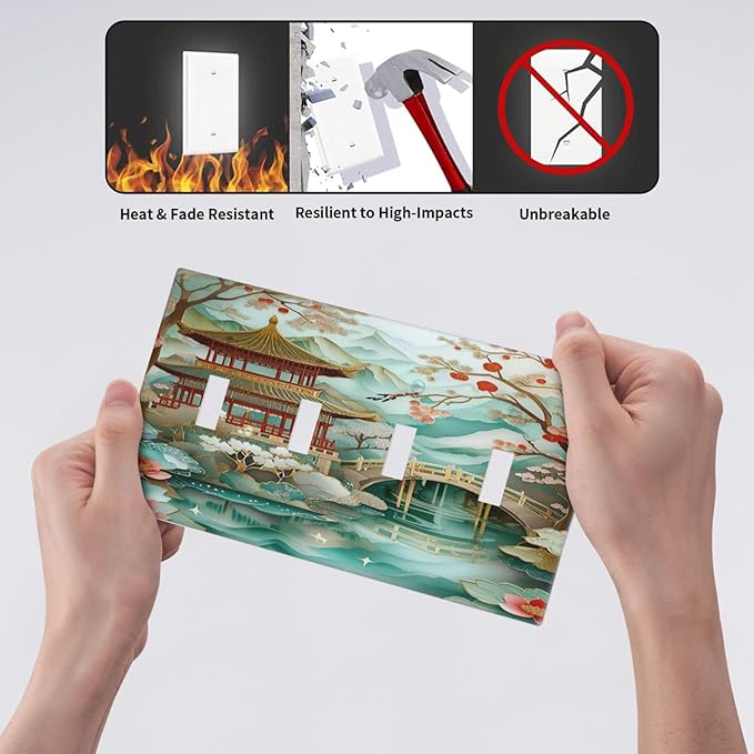 Asian Palace Traditional Bridge Cherry Blossoms Light Switch Covers Quad Toggle 4 Gang Wall Plate Decorative Switchplate Electrical Faceplate for Farmhouse Bathroom Living Decor