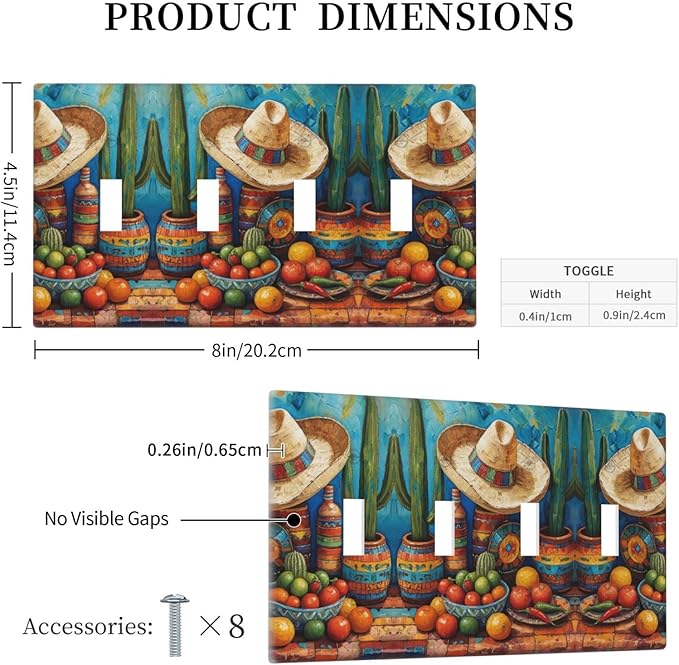 Decorative Art Light Switch Covers Mexican Sombrero & Serape Vibes Quad Toggle 4 Gang Wall Plate Switch plate Electrical Faceplate for Home Decor