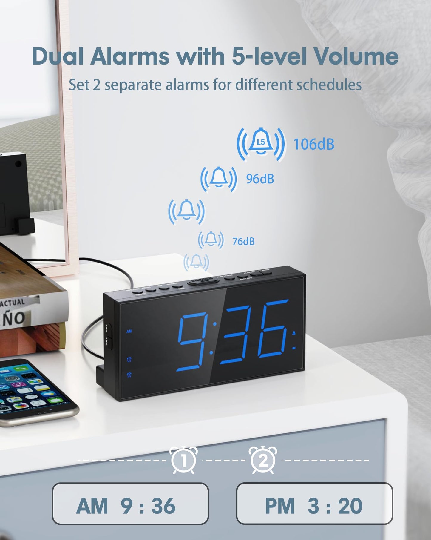 Roxicosly Loud Alarm Clock with Bed Shaker, Vibrating Alarm Clock for Heavy Sleepers/Hard of Hearing/Deaf,Dual Alarms, 7.5’’ Large LED Display, Dimmer, USB Charging Port, Plug-in with Memory Function