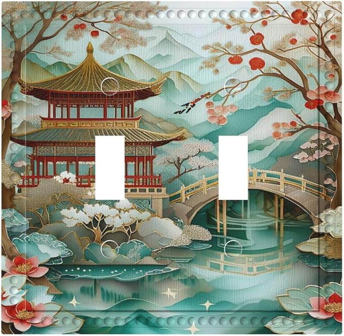 Asian Palace Traditional Bridge Cherry Blossoms Light Switch Covers Double Toggle 2 Gang Wall Plate Dual Decorative Switchplate Electrical Faceplate for Farmhouse Decor