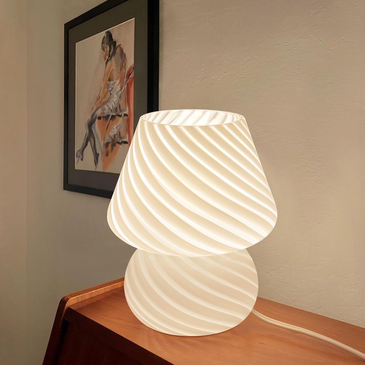 ONEWISH Mushroom Lamps Set of 2 - Small Bedside Table Lamp with Striped Glass, Nightstand Lamp for Bedroom, Living Room, Bulb Included(White)