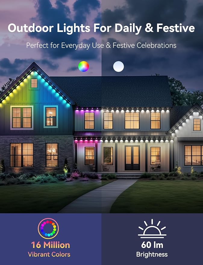 Permanent Outdoor Lights for House, RGB+IC IP67 Waterproof Smart Eave Lights 200ft with 144 LED, Eternity Lighting for Holiday Daily Decor, Work with Remote, APP