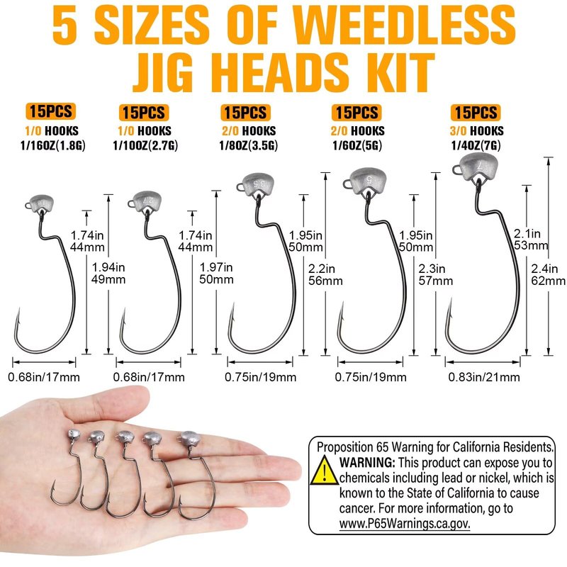 Dovesun Ned Rig Jig Heads Weedless Jig Head for Bass Fishing Swimbait Jig Head Shaky Ned Rig Hooks Saltwater Freshwater 1/8oz(3.5g)-Hook 2/0 * 15pcs