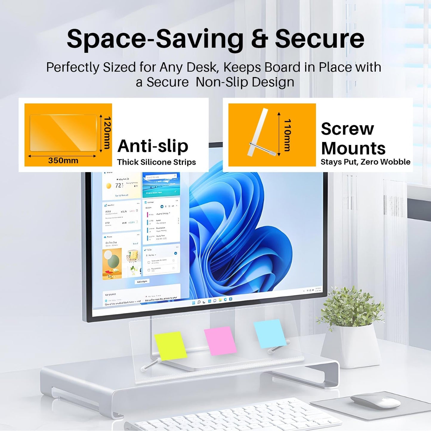 Monitor Memo Board Holder 14"x5", Office Organization Memo Holders for Computer Sticky Note Holder, Space-Saving Under Monitor, Movable & Reusable, Screen Saver for Office & Home Desktop Decor