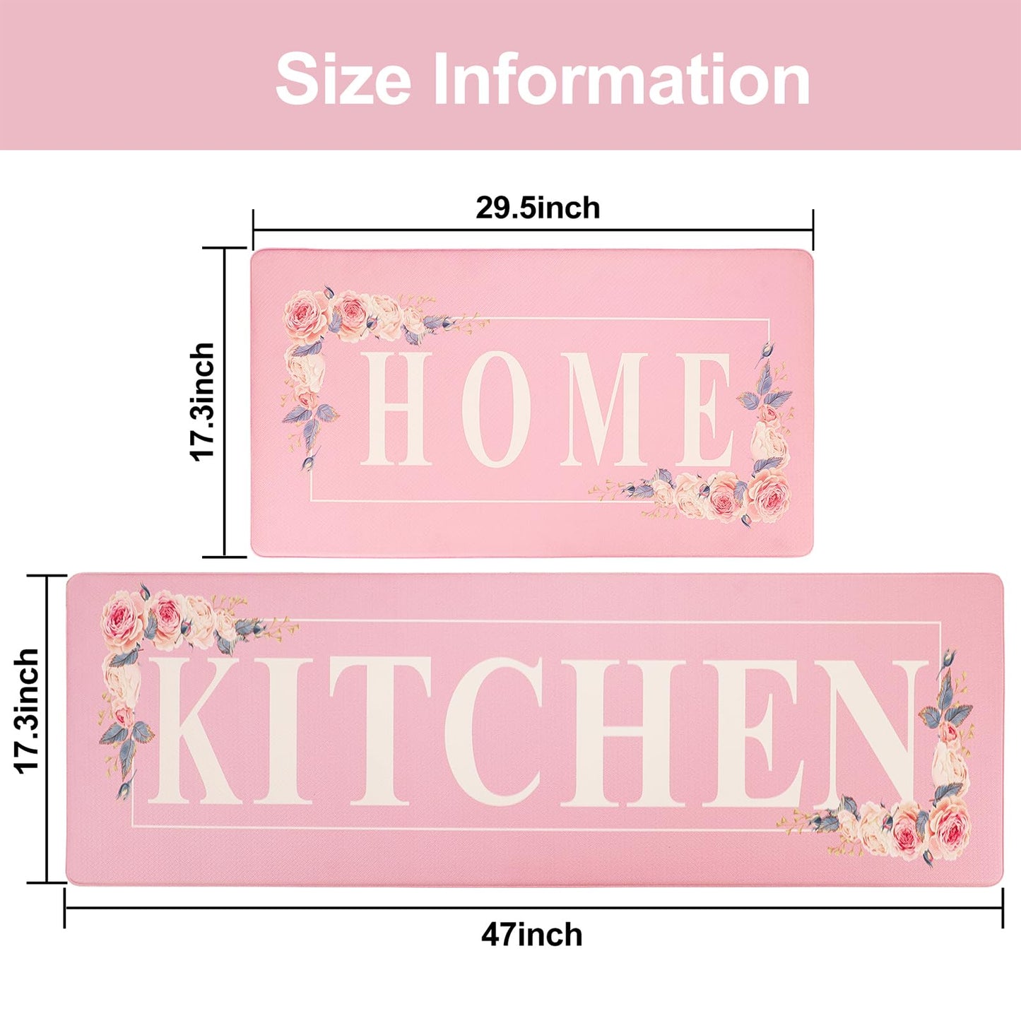 PCSWEET HOME Floral Kitchen Mat Sets 2PCS Non Skid Waterproof Kitchen Rugs and Runner Sets Cushioned Anti-Fatigue Comfort Mat for Home,Office Memory Foam Kitchen Rug, 17.3"x30"+17.3"x47", Pink
