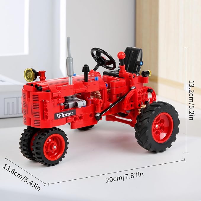 Classic 1/12 Red Tractor Building Blocks SetFarm Tractor Building Kit Toy for Kids Ages 6+STEM Educational Construction Kit for Kids 302 PCS with Shifting &amp Steering &amp Flip Hood Structure