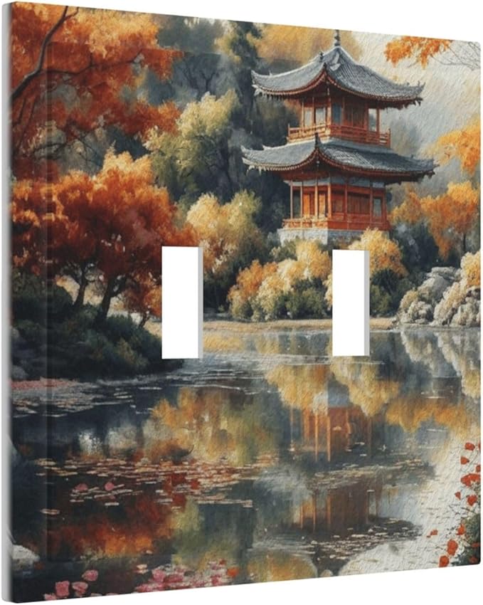 Decorative Art Light Switch Covers Lake & Pagoda in Fall 2 Gang Double Toggle Wall Plate Decorative Switchcover Electrical Switchplate for Home Decor