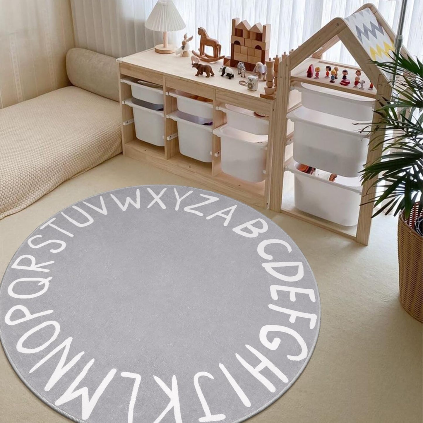 LIVEBOX ABC Play Room Round Kids Rug for Boy and Girl, Circle Washable Area Rug Non-Slip Crawling Play Mat for Playroom, Alphabet Nursery Area Rug Circular Learning Carpet for Bedroom (47",Grey)