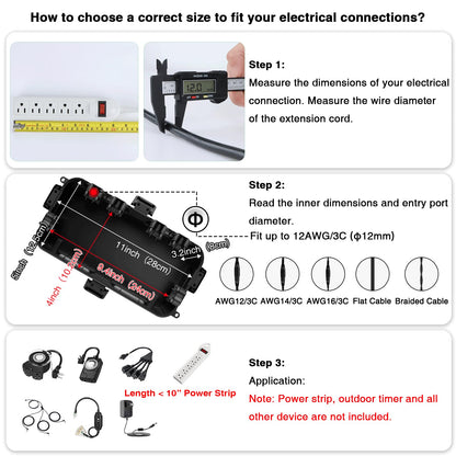 Flemoon Medium Outdoor Electrical Box (11.5x5.2x4 inch), IP54 Waterproof Extension Cord Cover w/6 Cable Entry Ports, Weatherproof Connection Box for Power Strip, Timer, Plug, Holiday Lights, Black