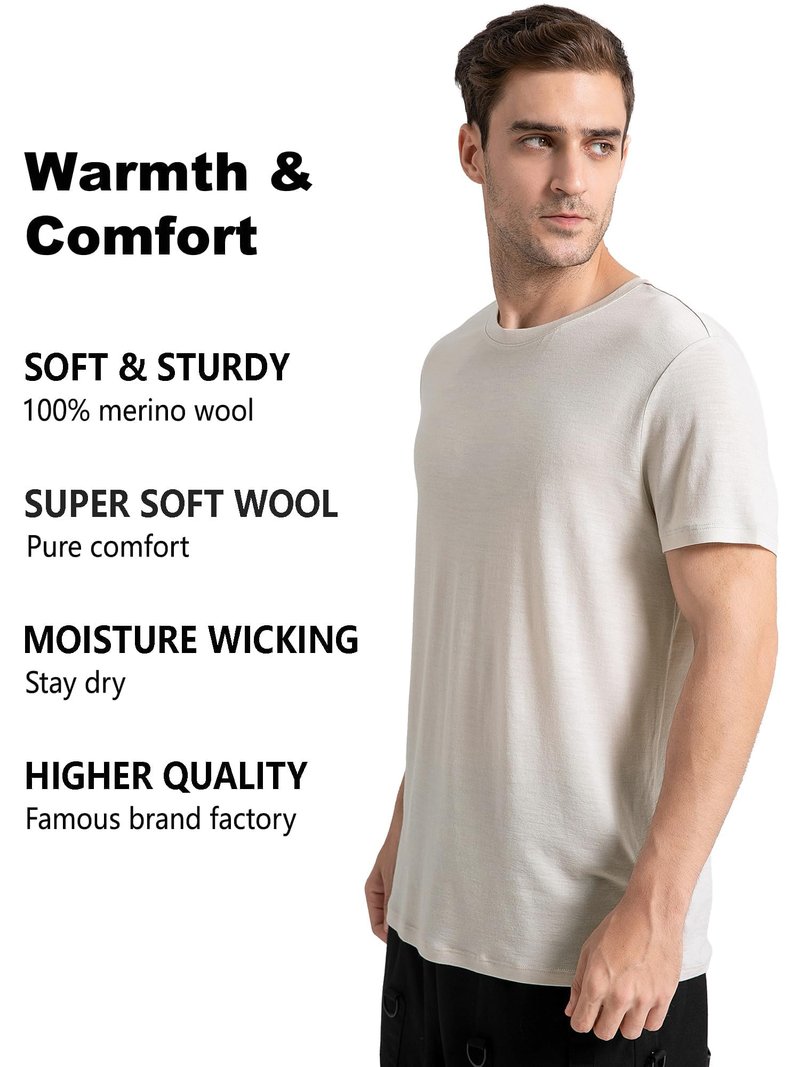 innotree Men's Merino Wool T-Shirt, 100% Organic Merino Wool Undershirt Lightweight Crew Short Base Layer for Hiking,Light Gray,Small