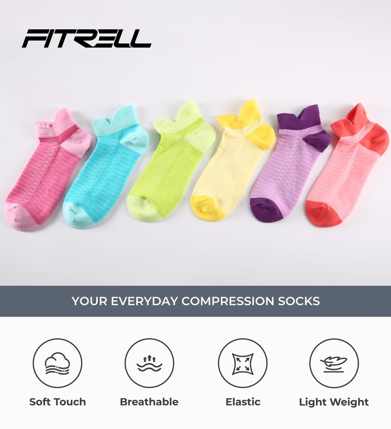 FITRELL Ankle Compression Socks for Women & Men - Cushioned Arch Support Running Socks, Plantar Fasciitis Relief, Vibrant Mixed, 6 Pairs, S/M