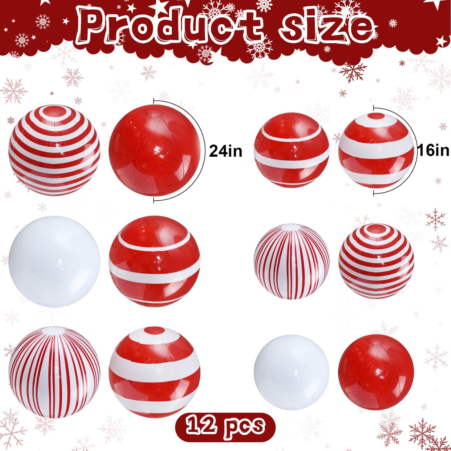 Jetec 12 Pcs 24 Inch 16 Inch Giant Inflatable Christmas Balls Ornaments Large PVC Inflatable Ball Decorations for Xmas Tree Holiday Yard Lawn Porch Outdoor (Red and White,Candy Cane)