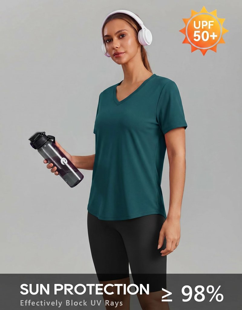 PINSPARK Cooling Shirts for Women Short Sleeve V Neck Moisture Wicking Workout Tops Quick Dry Breathable Athletic Gym T-Shirts,Dark Teal Medium