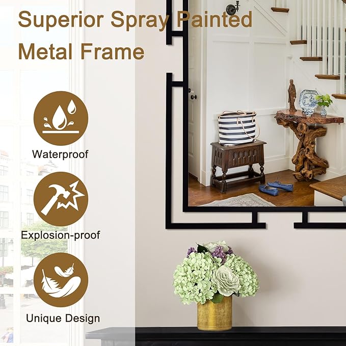 Large Mirror Wall Decor, 46.5"x23" Black Mirror with Metal Frame for Bedroom, Living Room, Tempered Mirrors for Bathroom, Horizontal/Vertical