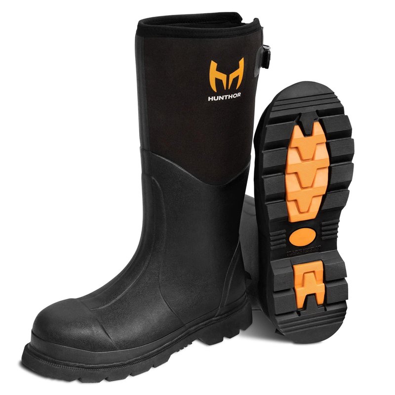Hunthor Rubber Work Boots, Puncture-Proof with Steel Toe & Shank, Waterproof Insulated 6mm Neoprene Hunting Boots for Farming, Construction, Gardening, Fishing, Outdoor Work