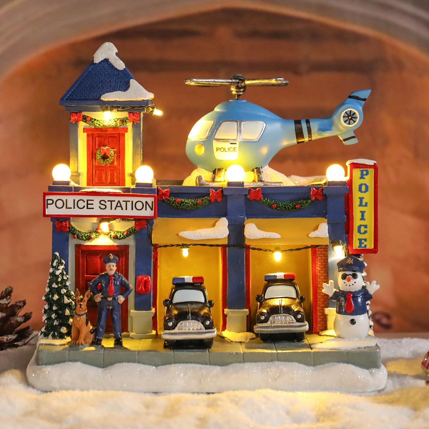 Vipush Christmas Village House Decorations Resin Police Station Home Decor Indoor Building Figurines Revolving Train with LED Light and 8 Christmas Music for Kids