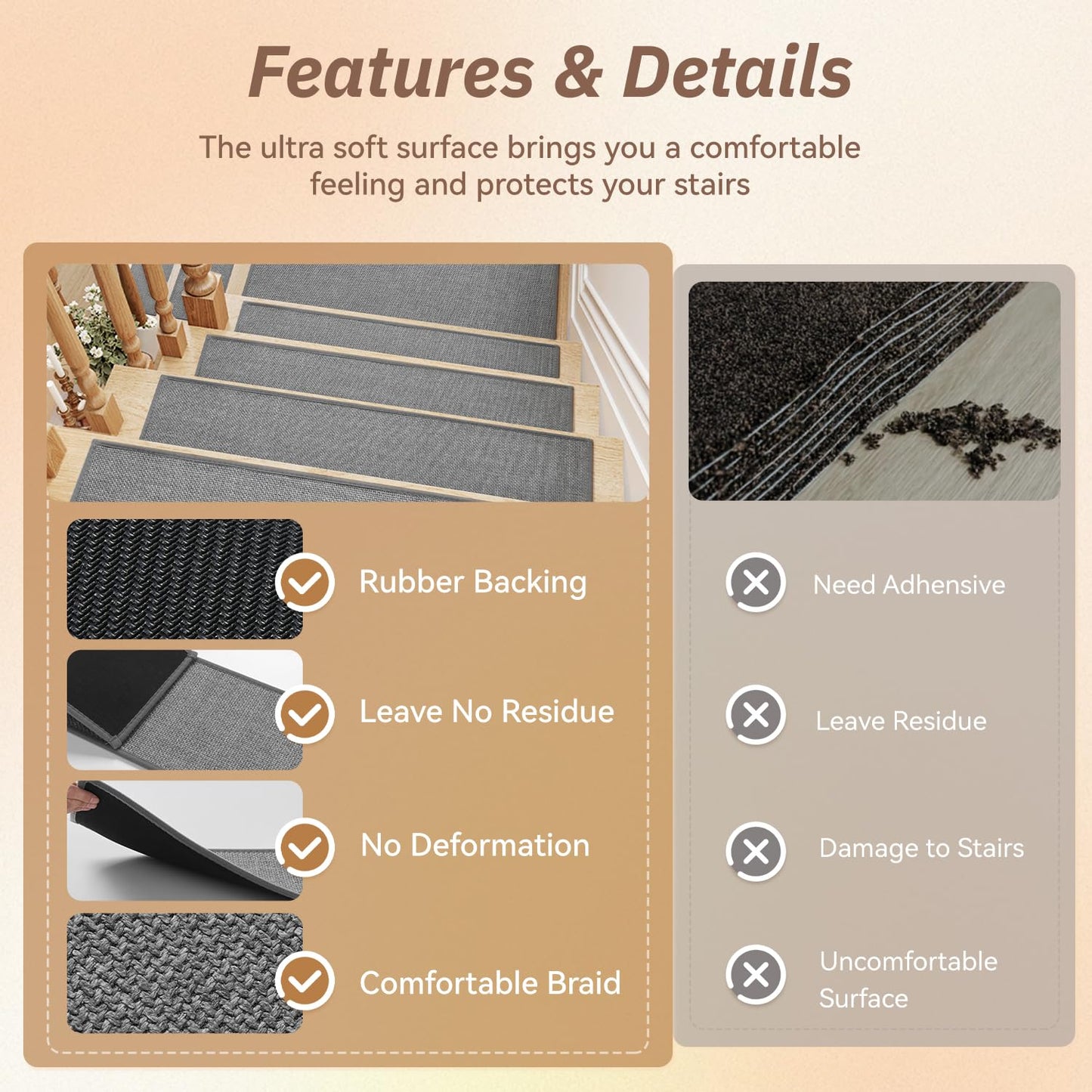 PADOOR Stair-Treads Landing Mat Non Slip Indoor, Square Stair-Runners for Wooden Steps Rubber Backing, Reusable Carpet Stair Treads, Durable Stair-Carpet Treads for Kids and Dogs 31"x31" Grey