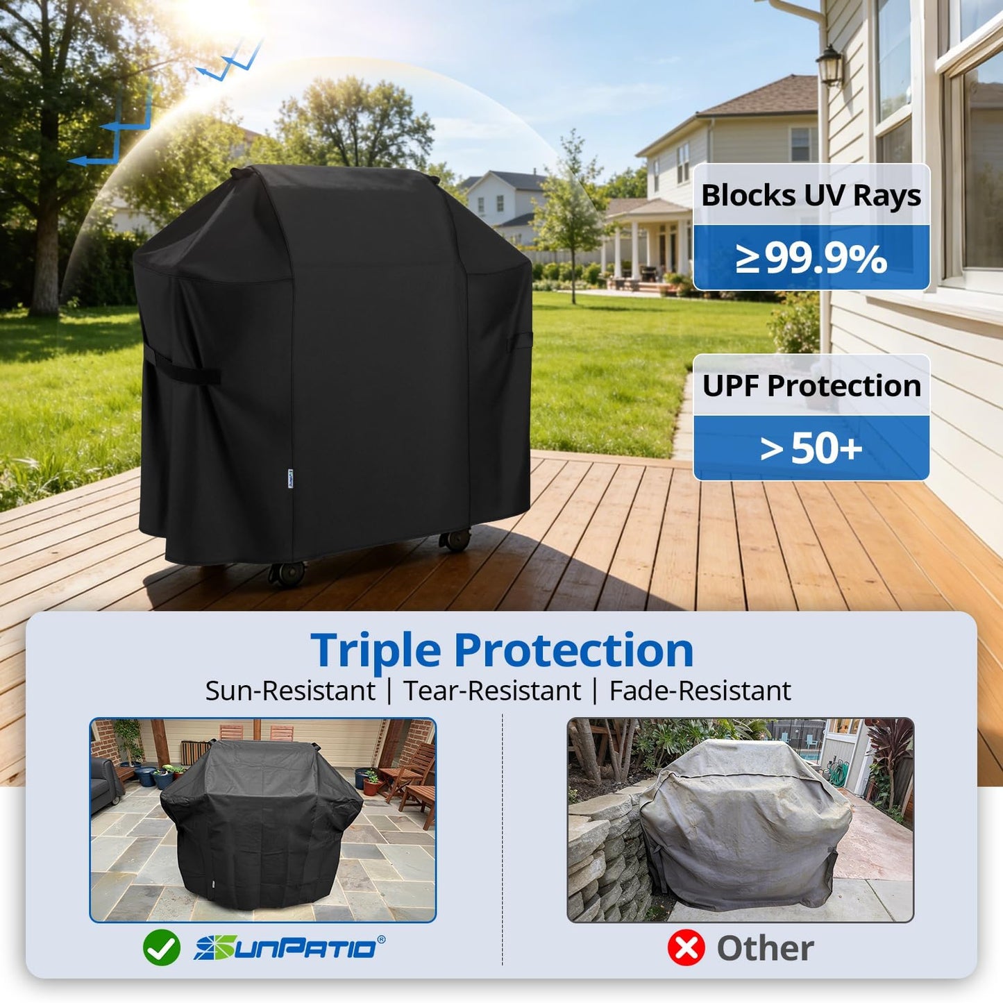 SunPatio BBQ Grill Cover 52 Inch, Outdoor Durable Waterproof Gas Barbecue Cover, Compatible for Weber Spirit 200 and 300 Series, Charbroil and Kenmore Grills, Compared to Weber 7106, 52" x 26" x 43"H
