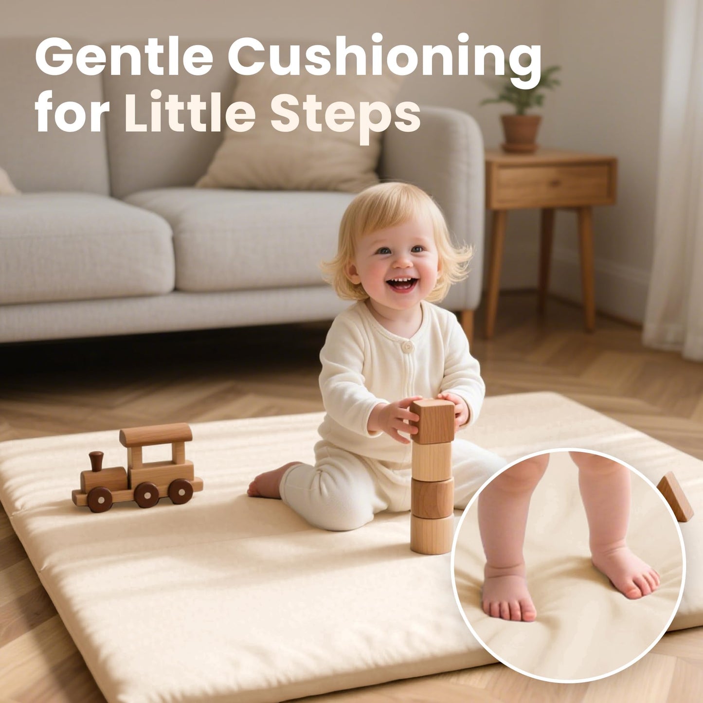 Huloo Sleep Baby Play Mat 50x50 Inches, 1.3" Thick Padded Waterproof Floor Cushion & Playpen Mat with Vegan Leather, Non-Slip & Non-Toxic Nursery Rug for Infants, Toddlers & Kids(Beige)
