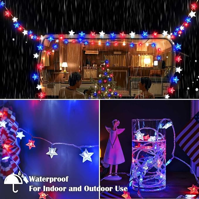 ITICdecor 4th of July Decor Red White Blue Stars String Lights, 15 FT 30 LED Fairy Lights Battery Operated Indoor&Outdoor Star Lights for Independence Day President Day Memorial Day