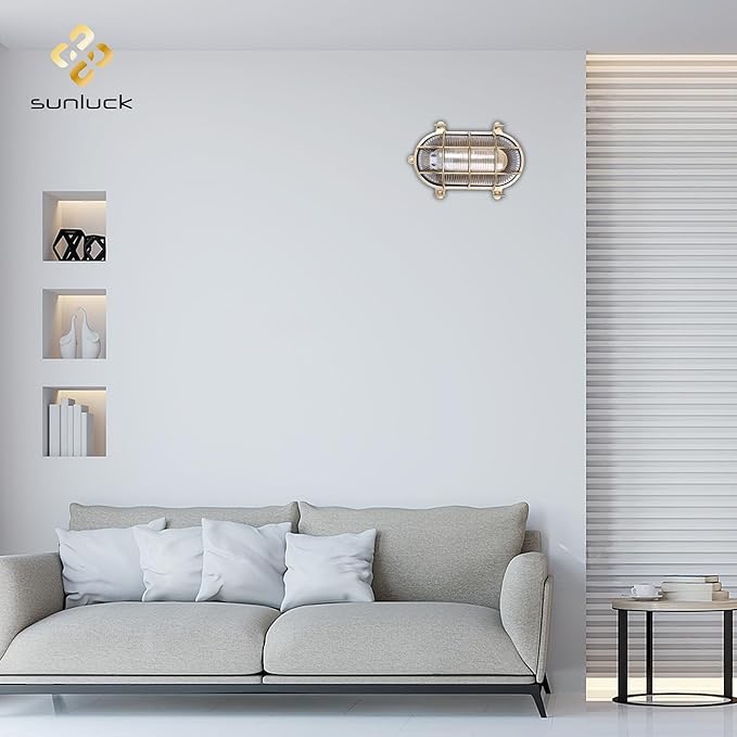 Sunluck Brass Bulkhead Light,Grid Oval Nautical Wall Sconces,Lampshade,Ceiling Mount Lighting,Brass Sauna Light Waterproof IP54,Rust Resistant,for Decoration Cafe,Bar,Porches,Patios,Restaurants