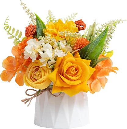 WELL KNOWN Small Fake Flowers in Plastic Vase 7" Centerpieces Coffee Table Decor, Silk Flower Arrangements for Home Decor Indoor Artificial Flower Bouquet for Dining Room Kitchen Wedding Yellow Orange