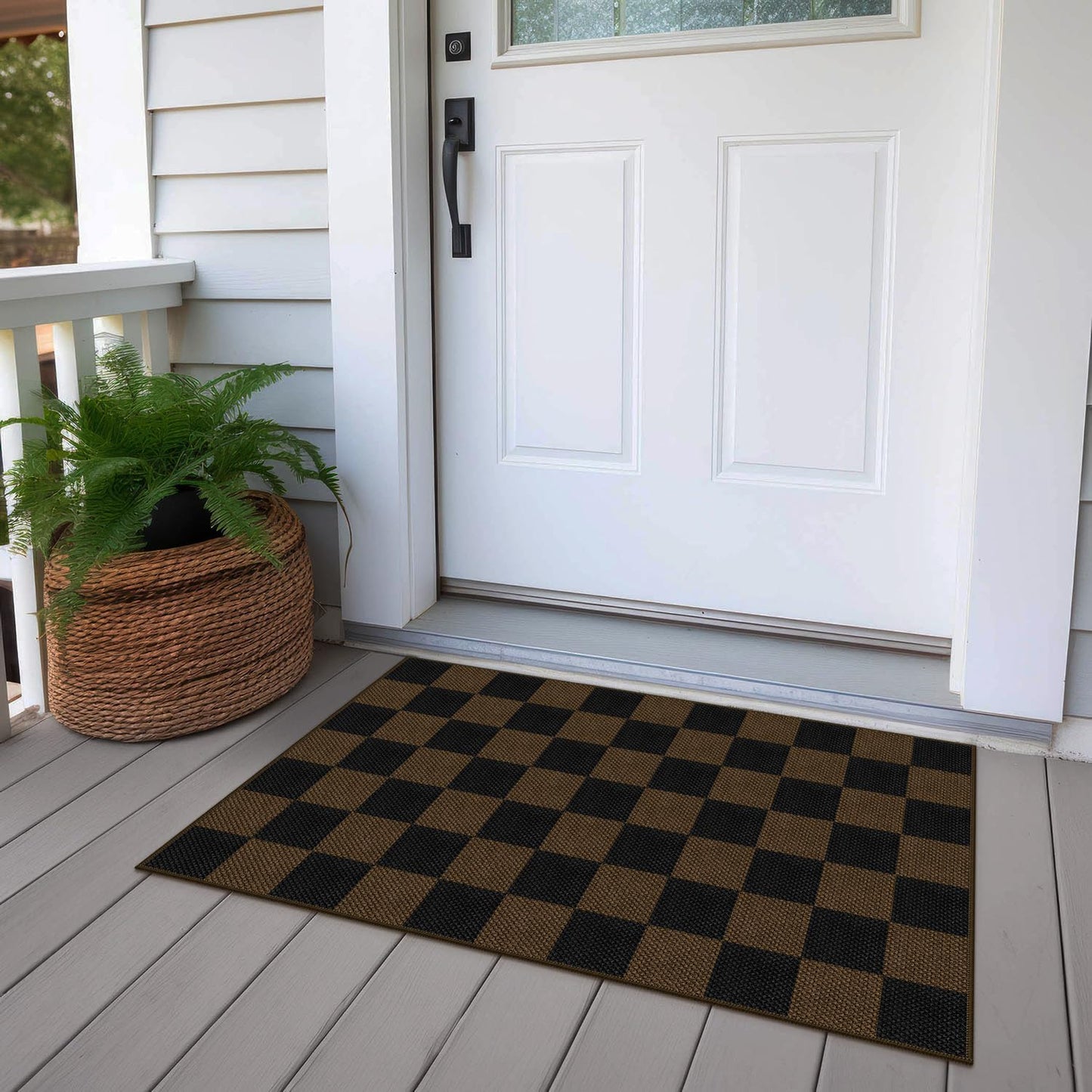 Rugalia Easy Jute Checkered Entryway Rug, 2x3 Coffee Modern Indoor Outdoor Doormat, Washable Non-Slip Small Kitchen Rug Farmhouse Checkerboard Throw Rugs for Entrance Bedroom Bathroom