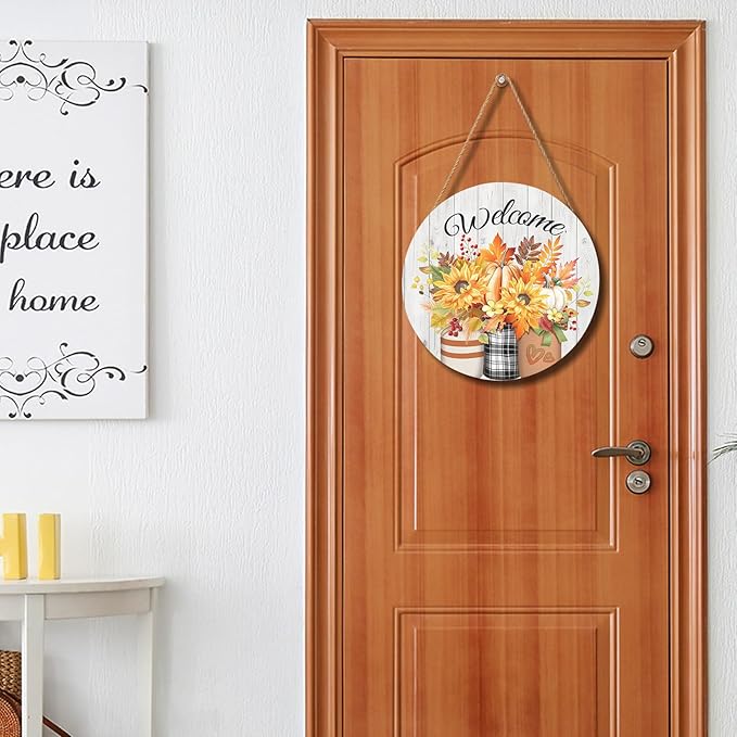 Fall Welcome Sign Door Sign 12"x12" Rustic Fall Decorations Hanging Door Sign Thanksgiving Farmhouse Welcome Round Wooden Sign for Home Front Door Wall Porch Yard Garden