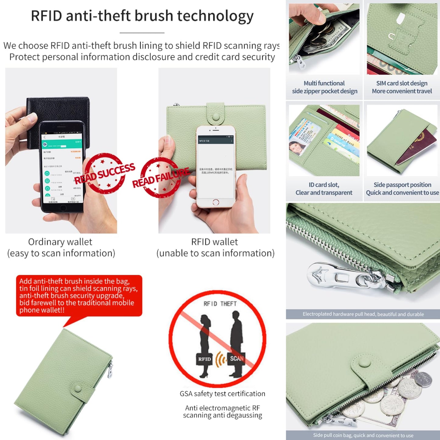Genuine Leather RFID Blocking Passport Holder Wallet, Multi-Functional Travel Document Organizer with Zipper Pocket, Includes SIM Card Ejector Pin (Black)