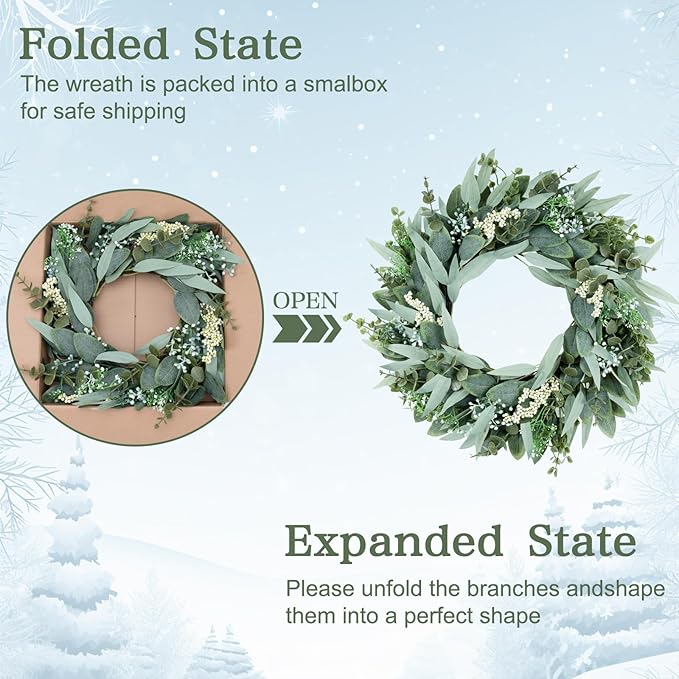 26" Eucalyptus Wreaths Large Artificial Greenery Outdoor/Indoor Wreath Spring/Summer Wreath Green Wreaths for Front Door Porch Window Wall Hanging Decor All Year Round Wr-eath（Green）
