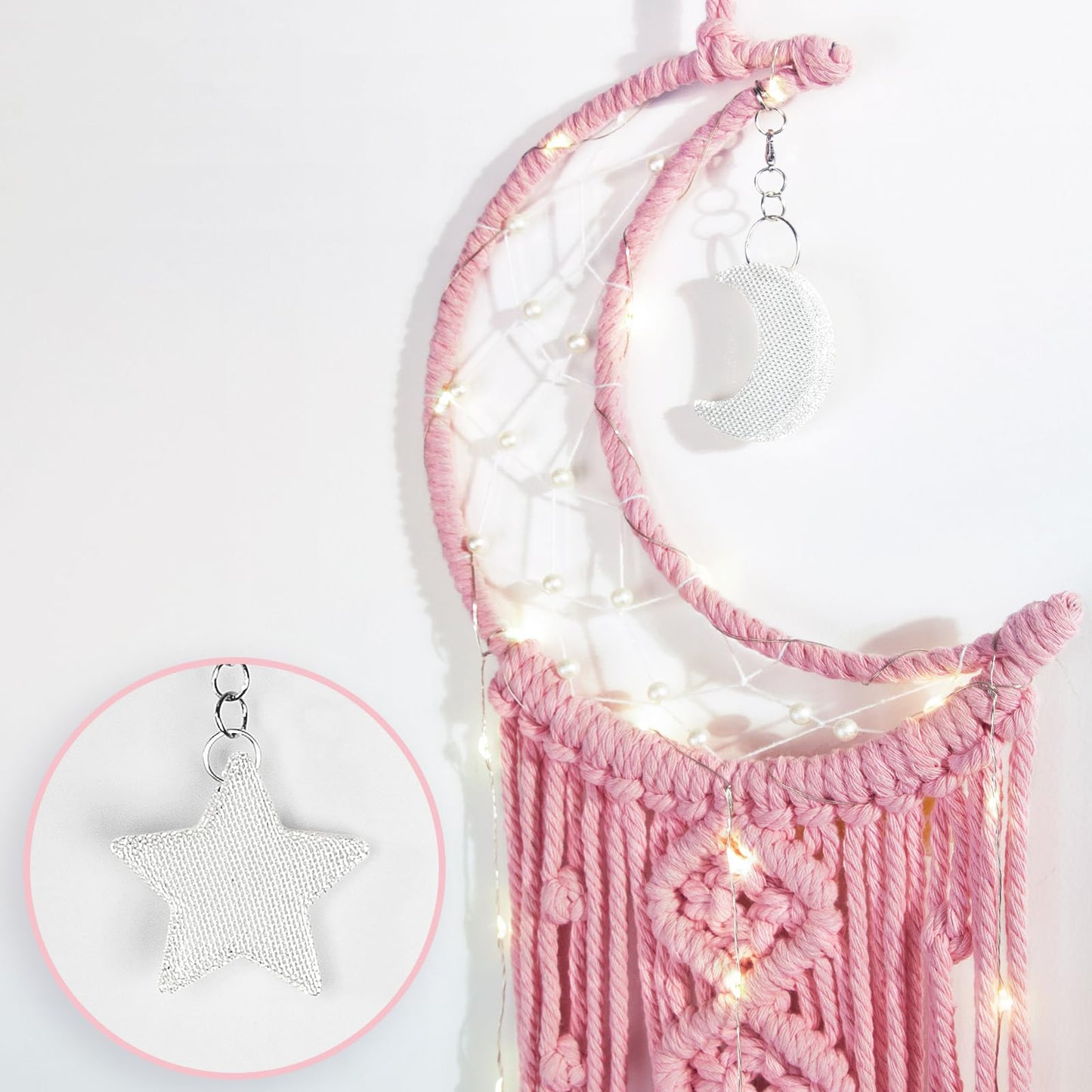 ANROYE Macrame Moon Dream Catcher for Girl, Pink Boho Crescent Dreamcatcher for Bedroom Adult, Handmade Kids Nursery Room Wall Hanging with Star Pendant for Teen, Bohemian Home Decoration Idea