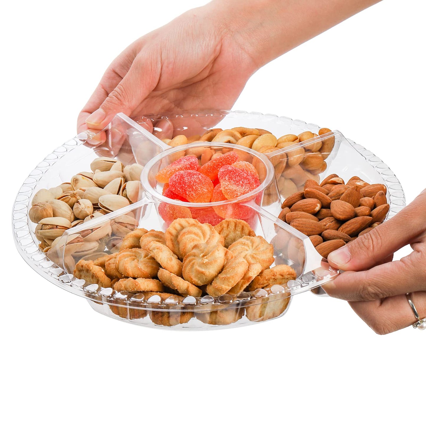 Lyellfe 30 Pack Plastic Appetizer Tray with Lid, Disposable Veggie Fruit Snack Tray with 5 Compartment, 9.5 Inch Heavy Duty Clear Round Food Container Platter for Salad, Nut, Olive, Party