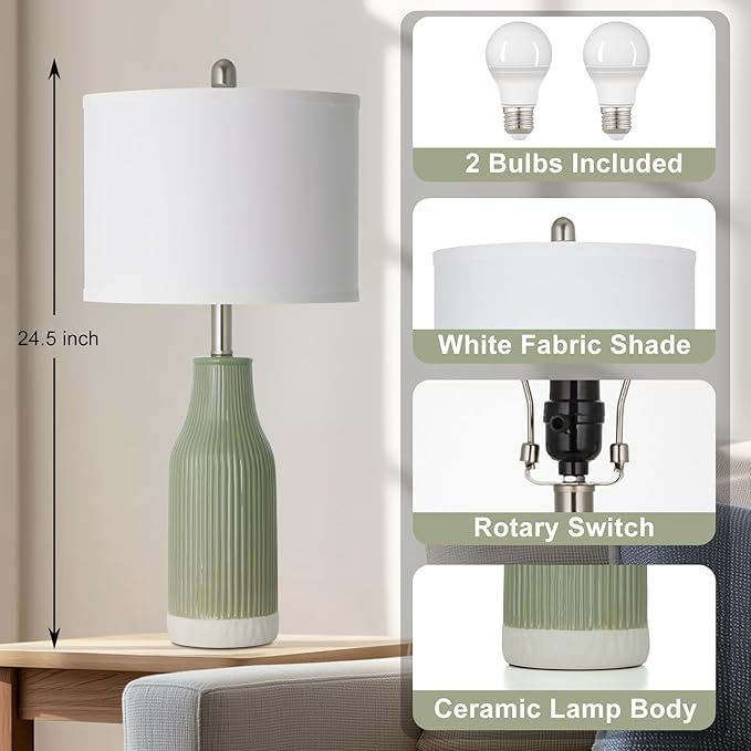 24.5" Ceramic Table Lamps Set of 2, Modern Farmhouse Bedside Lamps for Bedroom Nightstand, Small Light Green Lamp for Living Room End Table (2 LED Bulbs Included)