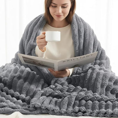 decorUhome Soft Fleece Grey Throw Blanket for Couch, Cozy Fluffy Plush Flannel Striped Blanket for Sofa Bed, Lightweight Decorative Ribbed Fuzzy Blanket for Woman, 50x60 Inches