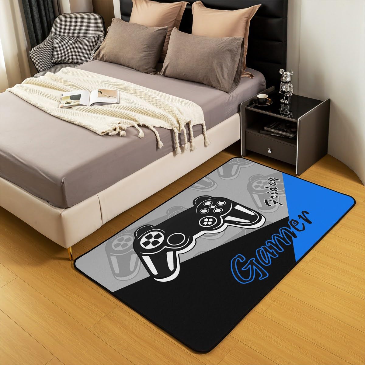 jejeloiu Gamer Area Rug 4x5 Gaming Rugs for Living Room Bedroom Game Room Decor Gamepad Blue and Black Accent Rug