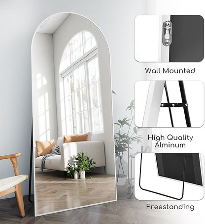 Full Length Mirror, 71"x30" Arched-Top Floor Mirrors, Modern Full Body Mirrors with Stand, Wall Mirror with Aluminum Alloy Frame for Bedroom,Living Room, White