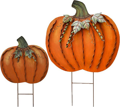 Metal Pumpkin Stakes Yard Signs Fall Decor Decorative Garden Stake Lawn Pumpkins Ornaments Outdoor Autumn Decoration for Harvest Halloween Thanksgiving (17.5" H+26" H Orange)