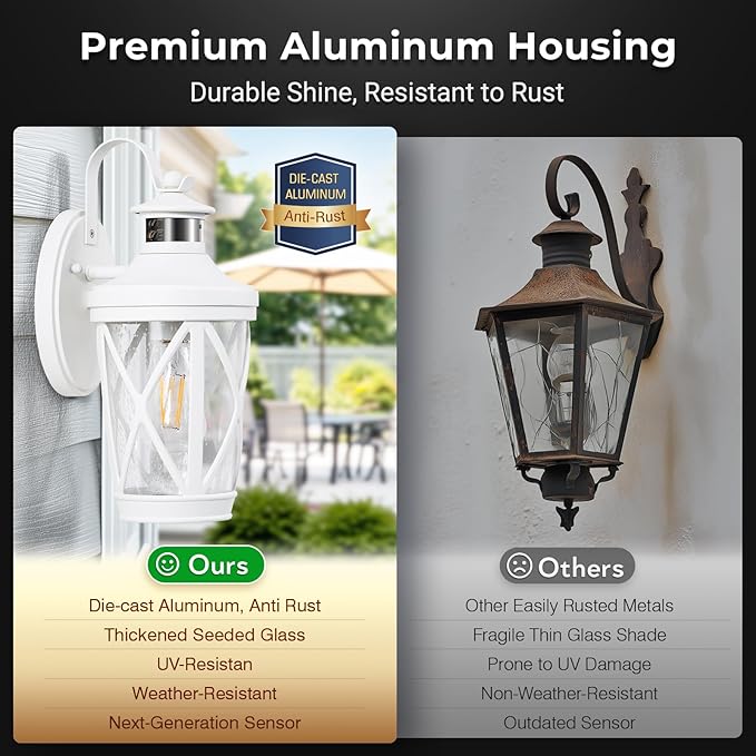 VIANIS Motion Sensor Outdoor Wall Light Fixtures, White Modern Front Porch Lights Wall Mount, Waterproof Anti-Rust Outdoor Lanterns Wall Sconce with Seeded Glass, Exterior Coach Light for Garage,Patio