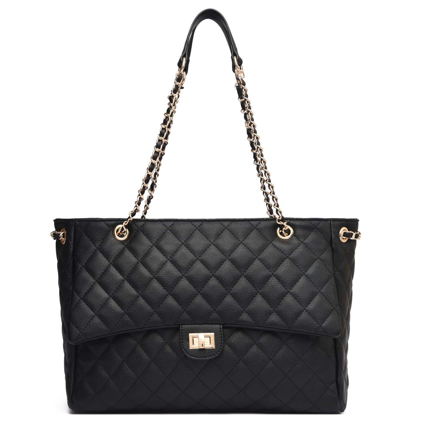 Eslcorri Quilted Satchel Tote Bag for Women, Elegant Leather Shoulder Handbag with Chain Strap and Twist-Lock, Classic Designer Crossbody Purse for Work, Travel, Dating & Evening Out, Black