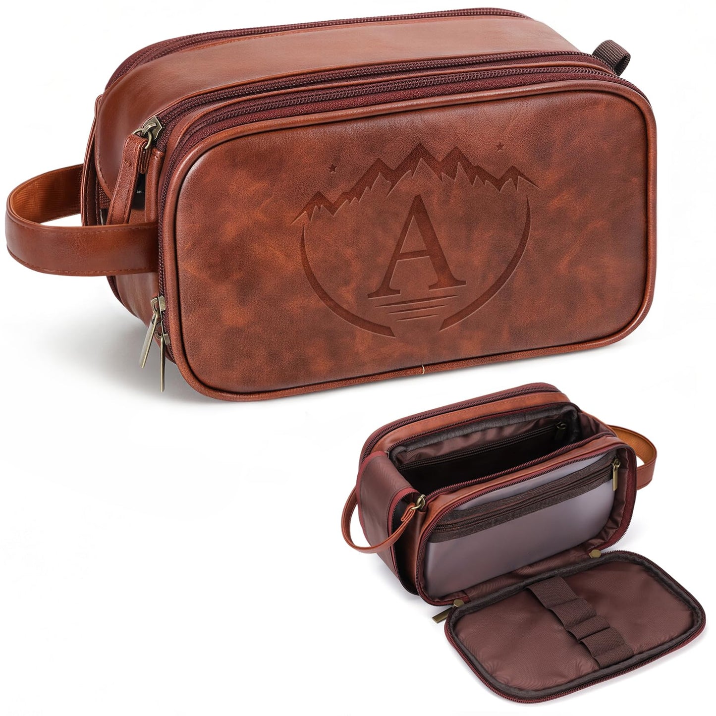 Ecttunafe Personalized Fathers Day Presents Travel Toiletry Bag for Men, Engraved Initial PU Leather Waterproof Shaving Bag, Best Dad Birthday Gift Ideas for Dad Father New Dad Papa Elderly,A
