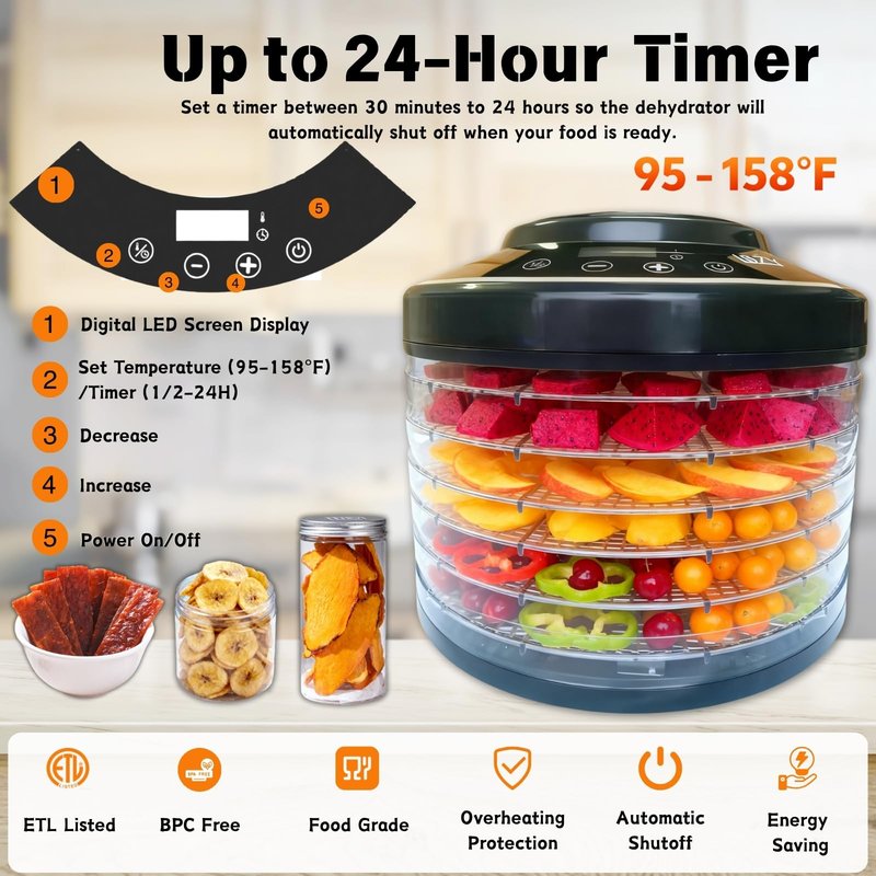 LSZY Food Dehydrator Machine for Mushroom,6 Trays Jerky Dehydrator Machine with 24H Timer, 600W 158°F Food Dryer Dehydrator for Meat, Herbs, Meat, Fruit,Dog Treats (Black)