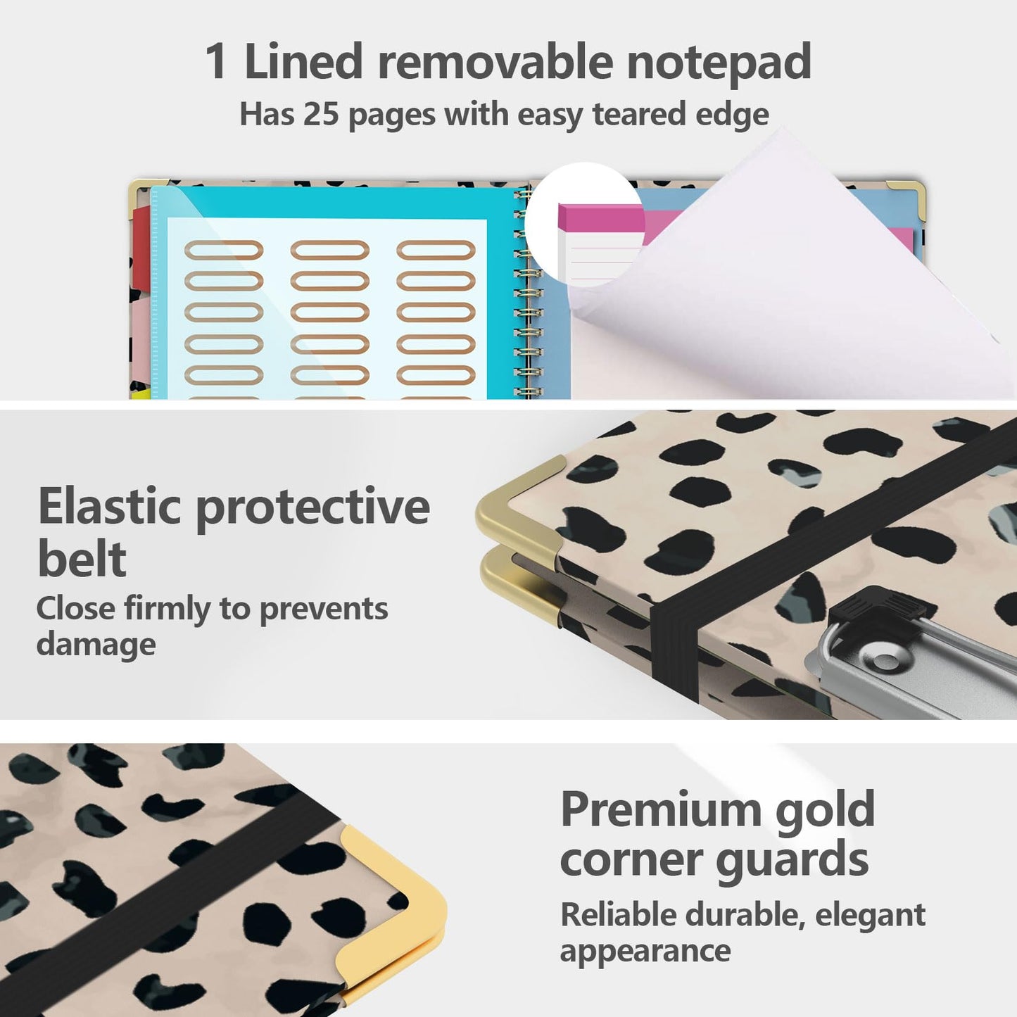 Clipboard Folio with Notepad for Letter Size (11" x 8.5"), 5 Extra Folders with Storage 10 Pockets, 39 File Folder Labels, Elastic Closure Spiral Clipboard with Storage(Cheetah Spots)