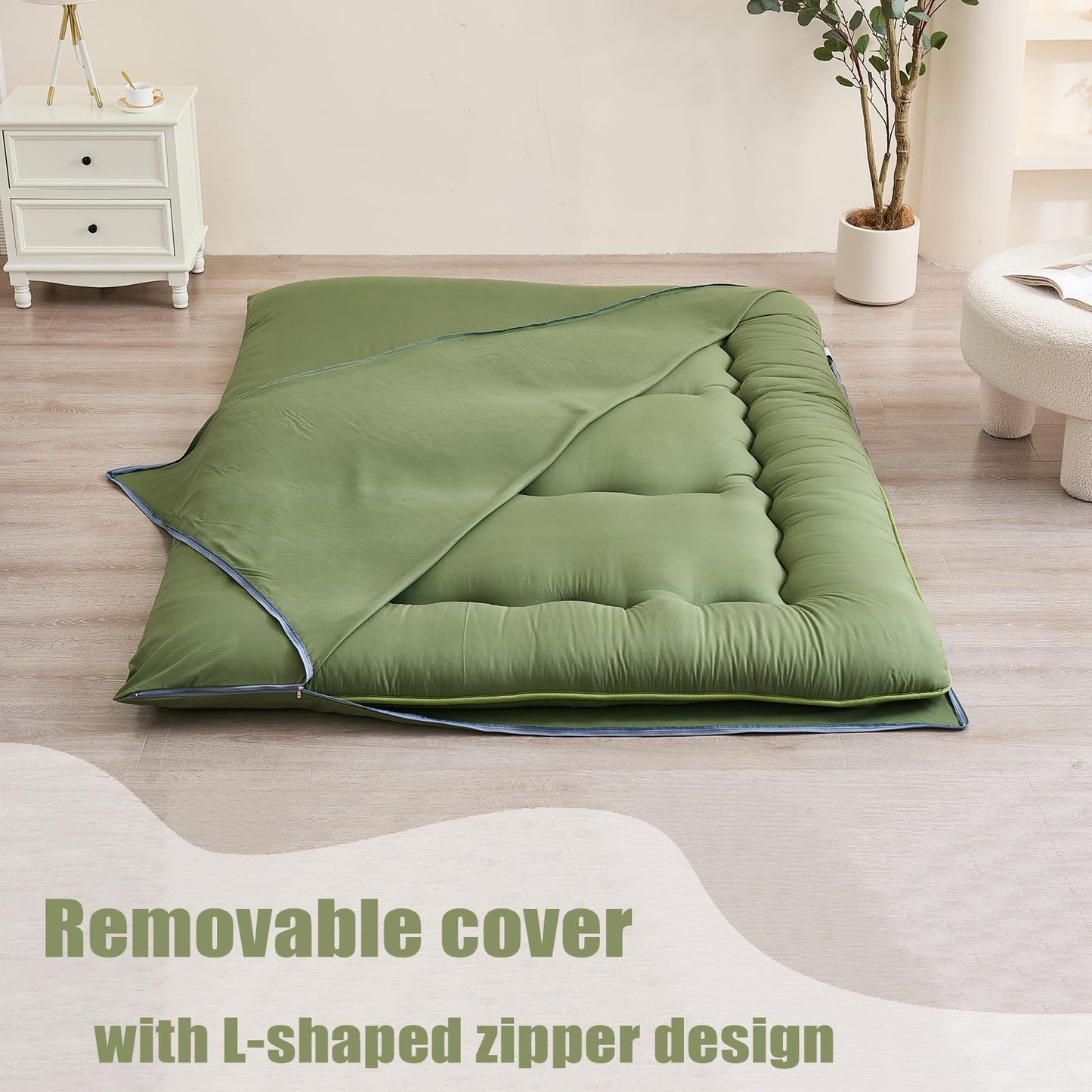 Zelladorra Japanese Floor Mattress, Futon Mattress with Portable Storage Bag and Washable Cover, Roll Up Thick Tatami Mat Suitable for Camping, Guest Room, Green, Twin