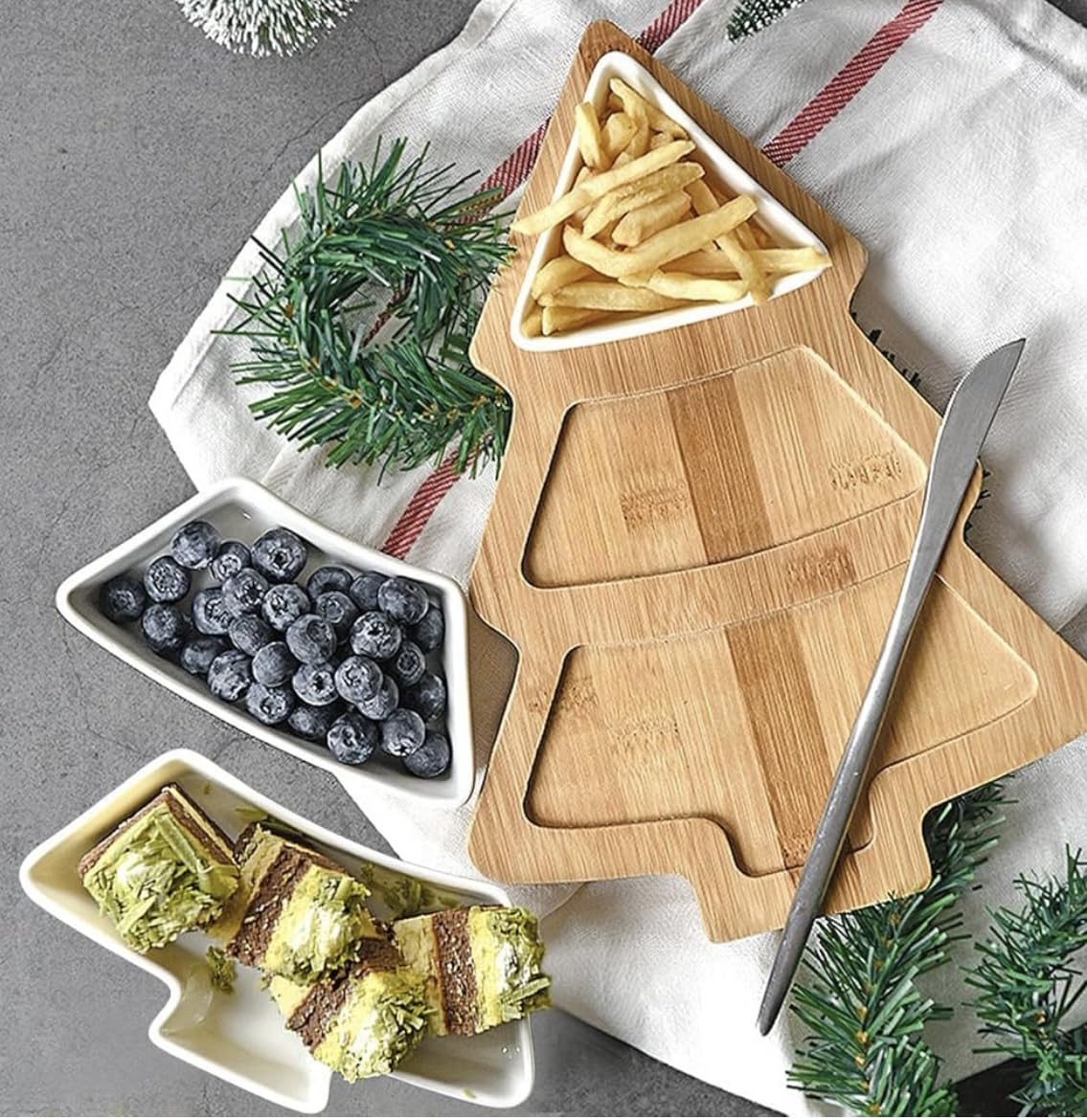 “Christmas Tree Shaped Serving Tray – 3 Tier White Ceramic Plates with Bamboo Stand – Holiday Snack & Dessert Display Platter”