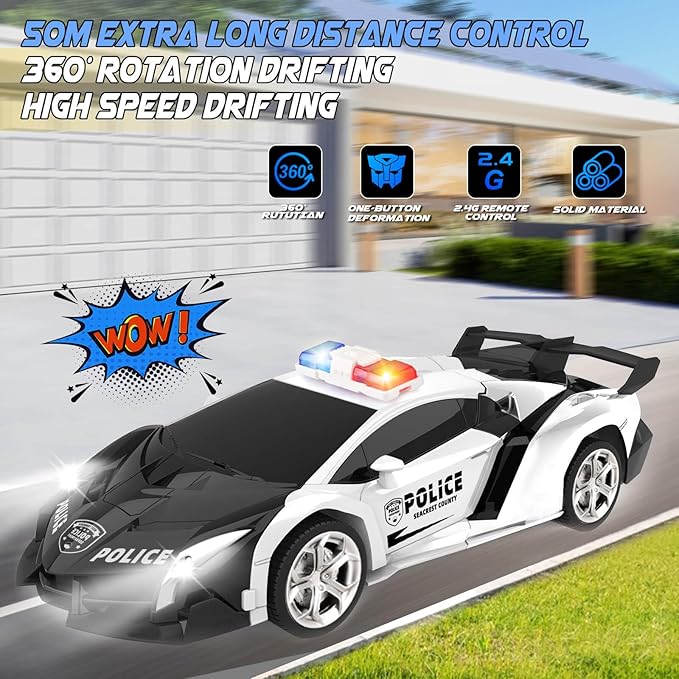 Transform Remote Control Car - Rc Cars One-Button Transforming 360° Rotation Drifting 2.4ghz 1:18 Scale Gift Kids Aged 4-6 Year Old Boys/Girls Police Car Black